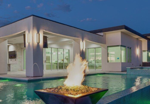 Modern home exterior in the evening